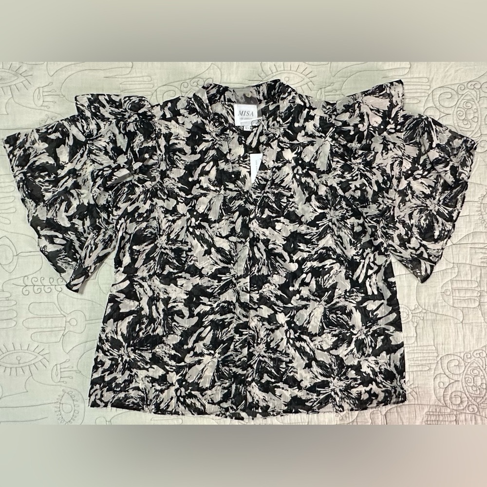 NWT MISA Livia Top Size XS Black White Gold Thread